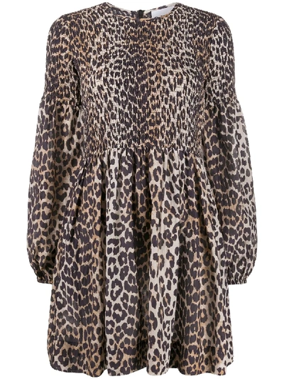 Shop Ganni Leopard Print Long-sleeve Dress In Brown