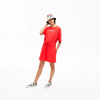 Shop Lacoste Women's Signature Cotton Fleece T-shirt Dress - 34 In Red