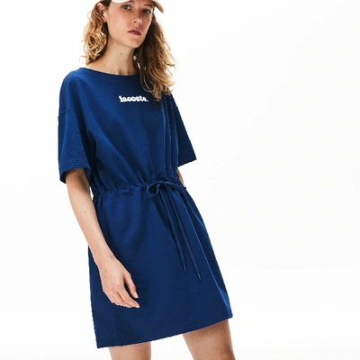 Shop Lacoste Women's Signature Cotton Fleece T-shirt Dress In Navy Blue