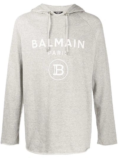 Shop Balmain Logo-print Loose-fit Hoodie In Grey