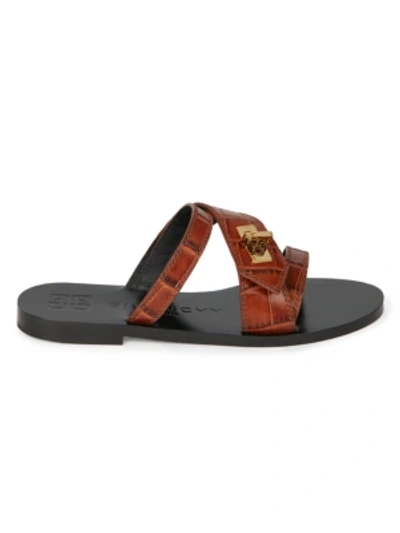 Shop Givenchy Eden Croc-embossed Leather Slides In Light Brown