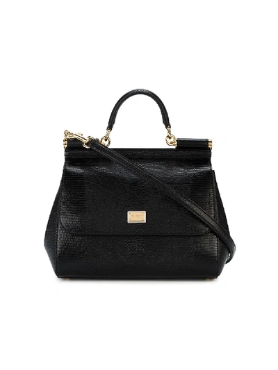 Shop Dolce & Gabbana Medium Sicily Iguana-print Top-handle Bag In Black
