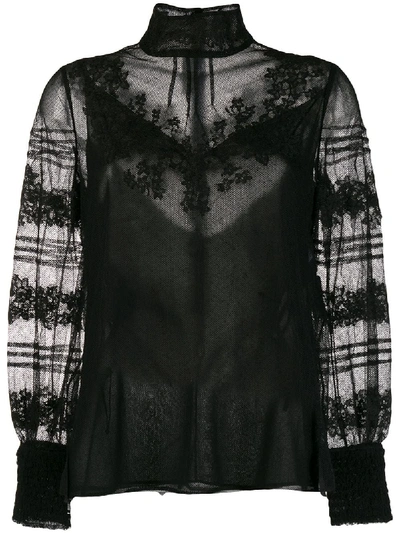 Shop Valentino Floral Embroidery High-neck Blouse In Black