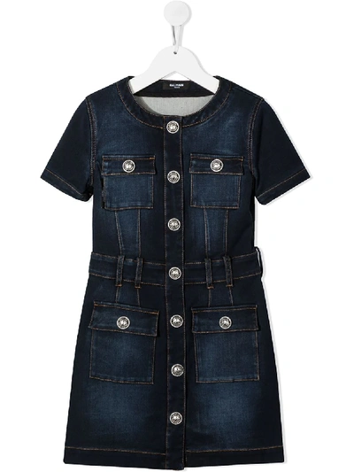 Shop Balmain Contrast-stitching Denim Dress In Blue
