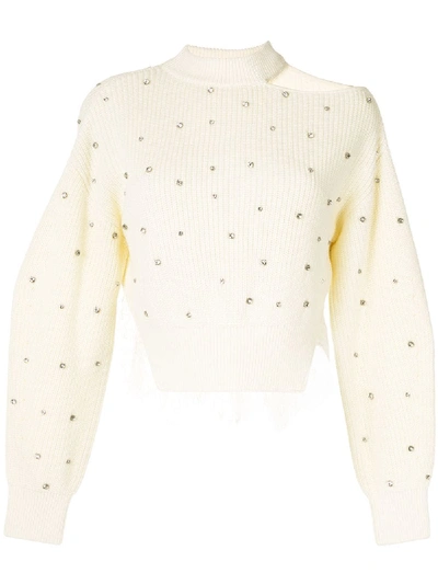 Shop Self-portrait Cold-shoulder Crystal-embellished Knitted Top In White