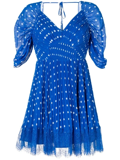 Shop Self-portrait Polka-dot Pleated Mini-dress In Blue