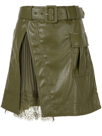 Shop Self-portrait Pleat-detail Belted Skirt In Green