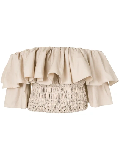 Shop Self-portrait Ruffle-detail Crop Top In Brown