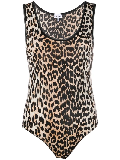 Shop Ganni Leopard Print Bodysuit In 大地色