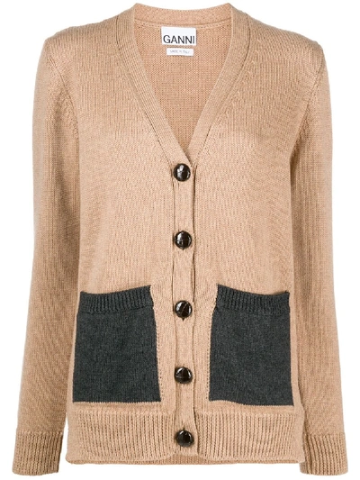 Shop Ganni Contrast Pocket Merino Wool Cardigan In Brown