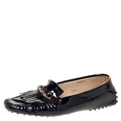 Pre-owned Tod's Black Patent Leather Fringe Loafers Size 37.5