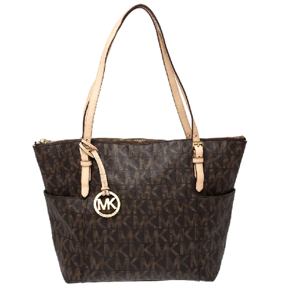 Pre-owned Michael Kors Michael  Brown Signature Coated Canvas And Leather Jet Set East West Tote