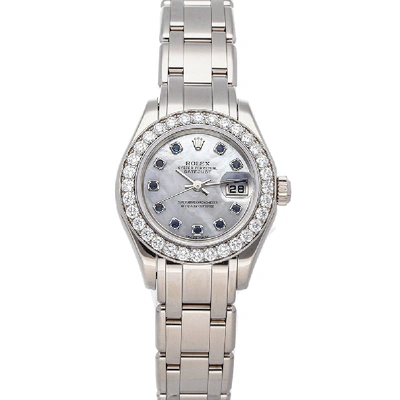 Pre-owned Rolex Mop Sapphire And Diamonds 18k White Gold Pearlmaster Datejust 80299 Women's Wristwatch 29 Mm