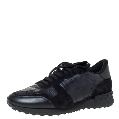 Pre-owned Valentino Garavani Black Camouflage Leather And Suede Rockrunner Sneakers Size 40.5