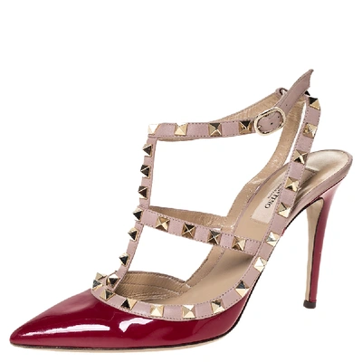 Pre-owned Valentino Garavani Burgundy Patent Leather Rockstud Ankle Strap Sandals Size 38.5