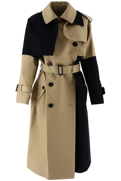 Shop Sacai Two-tone Trench Coat In Beige/blue