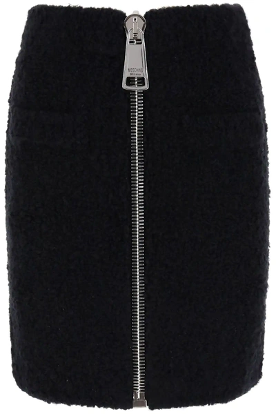 Shop Moschino Boucle' Mini Skirt With Maxi Zip In Black