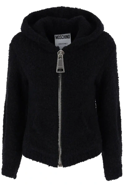 Shop Moschino Boucle' Cardigan With Maxi Zip In Black