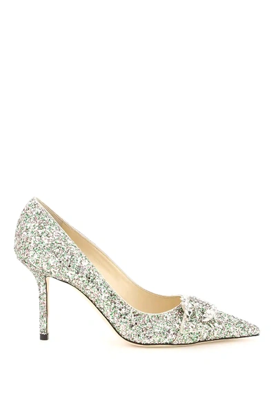 Shop Jimmy Choo Saresa Glitter Pumps With Crystal Buckle 85 In Gold,green,pink