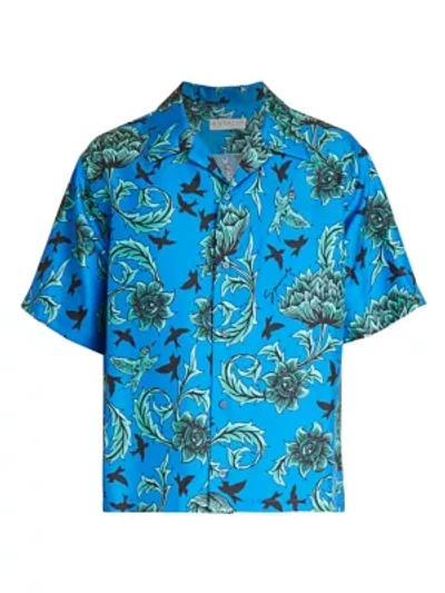 Shop Givenchy Floral & Bird Silk Hawaiian Shirt In Electric Blue