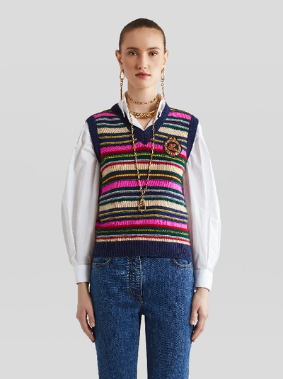 Shop Etro Striped Wool Gilet With Embroidered Pegaso In Multicolor