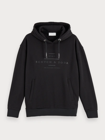 Shop Scotch & Soda Cotton-blend Long Sleeve Branded Hoodie In Black