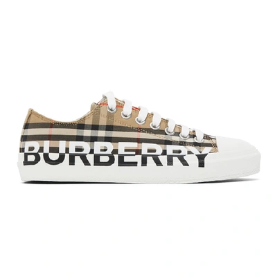 Shop Burberry Beige Logo Check Larkhall Sneakers
