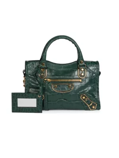 Shop Balenciaga Mini City Croc-embossed Leather Satchel In Forest Green