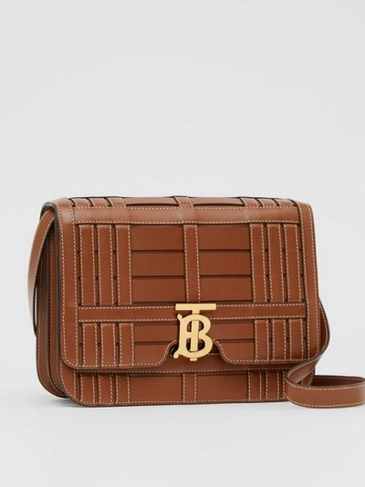 Shop Burberry Medium Woven Leather Tb Bag In Tan