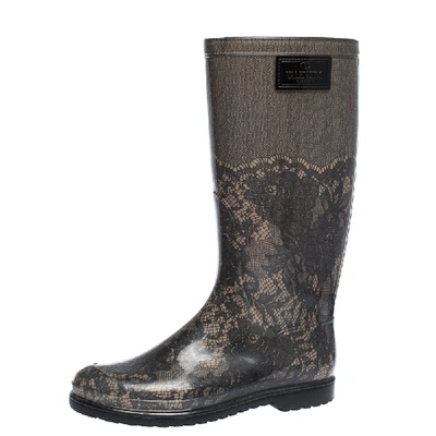 Pre-owned Valentino Garavani Grey/black Lace Print Rubber Rain Boots Size 39