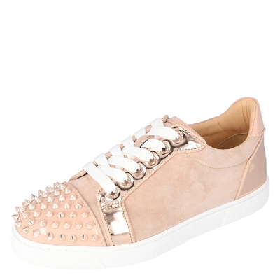 Pre-owned Christian Louboutin Pink Patent Leather And Suede Vieira Spikes Low-top Trainers Size 38.5