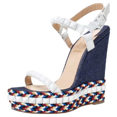 Pre-owned Christian Louboutin White Leather Cataclou Denim Wedge Platform Ankle Strap Sandals Size 37
