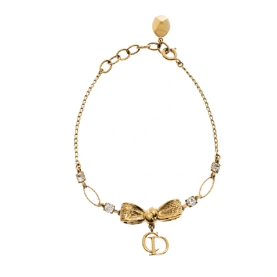 Pre-owned Dior Crystal Bow Charm Gold Tone Bracelet