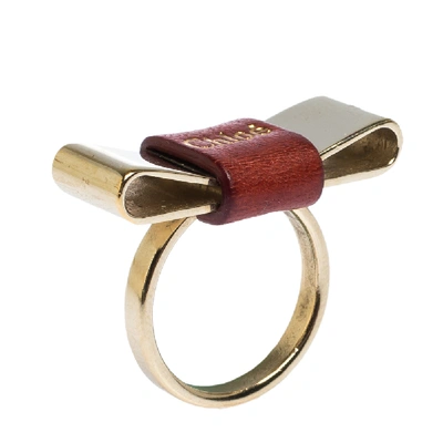 Pre-owned Chloé Leather Bow Motif Gold Tone Ring Size 54