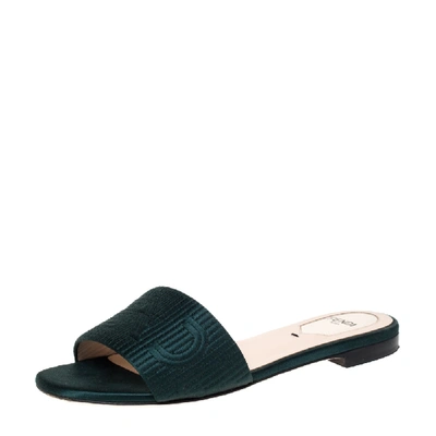 Pre-owned Fendi Green Satin Logo Embroidered Flat Slide Sandals Size 35