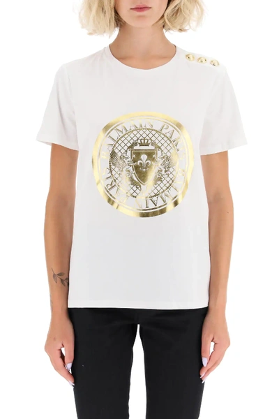 Shop Balmain Medallion Print T-shirt In White,gold