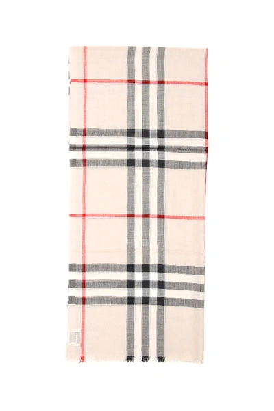 Shop Burberry Giant Check Gauze Scarf In Beige,black,red