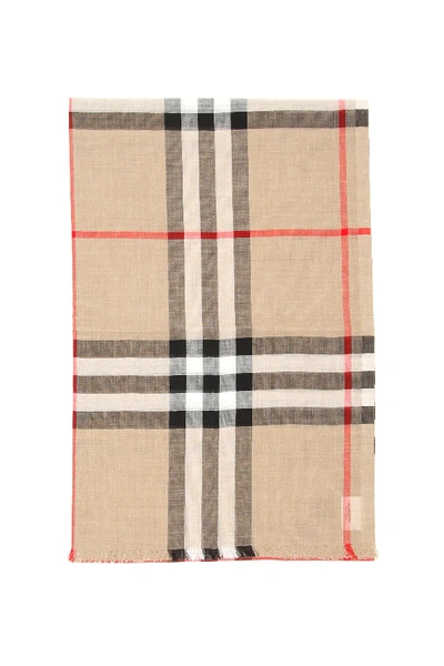 Shop Burberry Giant Check Gauze Scarf In Beige,black,red