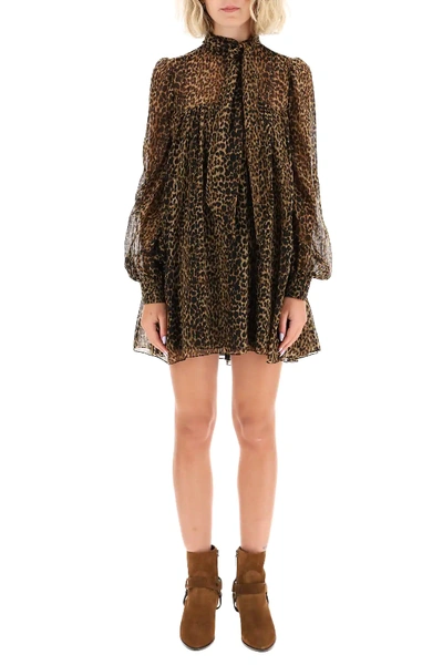 Shop Saint Laurent Leopard Print Mini Dress In Beige,brown,black