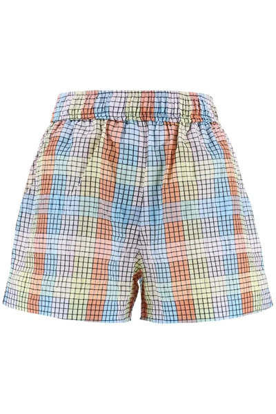 Shop Ganni Check Shorts In Yellow,pink,light Blue