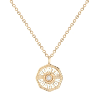 Shop Marlo Laz Mini Porte Bonheur Coin Necklace In Yellow Gold / White Enamel / White Pearl / Diamond