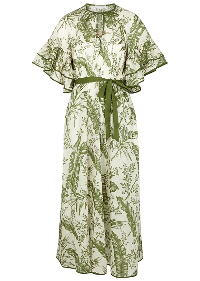 Shop Zimmermann Empire Printed Cotton Midi Dress In Green