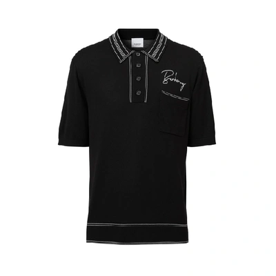 Shop Burberry Embroidered Logo Knit Silk Polo Shirt In Black