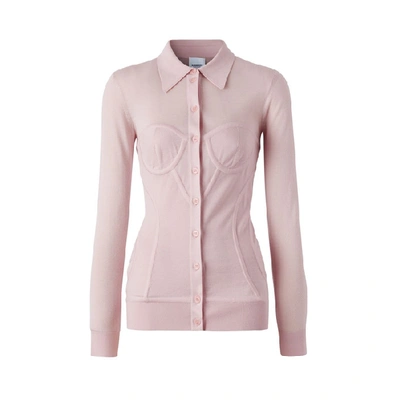 Shop Burberry Corset Detail Knit Cashmere Silk Cardigan In Pale Pink