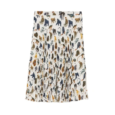 Shop Burberry Monkey Print Crepe De Chine Pleated Skirt In White Ip Pattern
