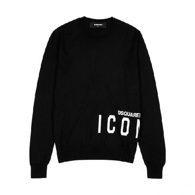 Shop Dsquared2 Icon Black Logo-intarsia Wool Jumper In Black And White