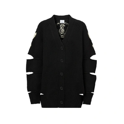 Shop Burberry Crest Intarsia Merino Wool Cashmere Cardigan In Black