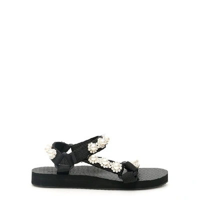 Shop Arizona Love Trekky Chic Black Faux Pearl-embellished Sandals In White And Black