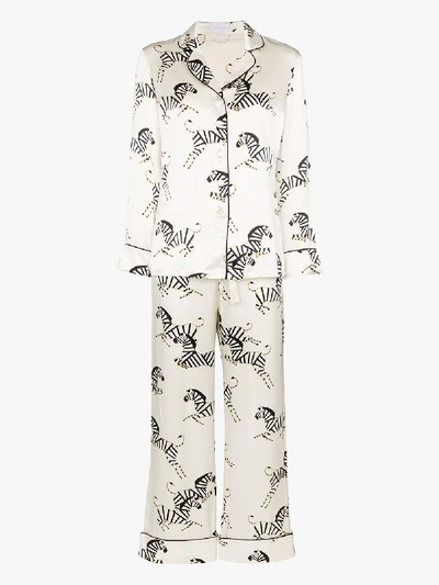 Shop Olivia Von Halle Lila Zebra Print Silk Pyjama Set In White