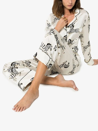 Shop Olivia Von Halle Lila Zebra Print Silk Pyjama Set In White